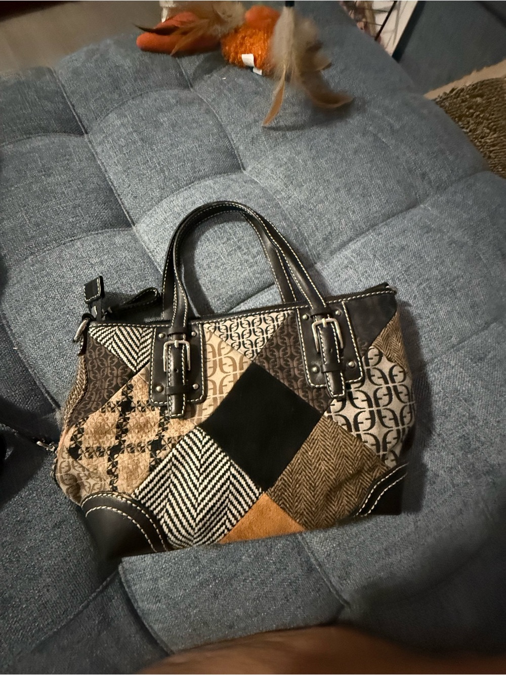 Patchwork Canvas and Leather Satchel Handbag - Brown/Black